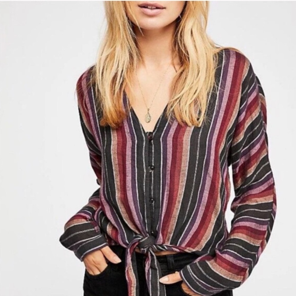 Rails Women's Solane Brava Stripe Knot Front Long Sleeve Cropped Blouse M